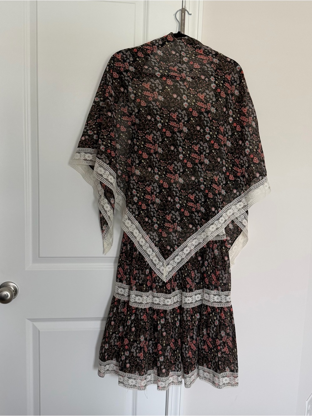 Vintage 70s 80s Prairie Boho Floral Lace Trim Mini Dress with Shawl - Picture 2 of 5